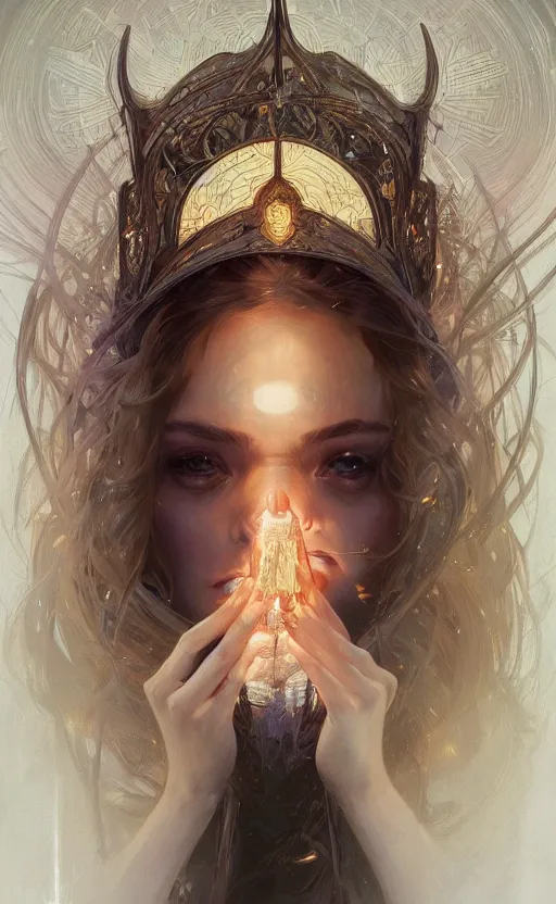 Image similar to portrait of a light witch, kind, loving, elegant, faithful, hopeful, intricate, headshot, highly detailed, digital painting, artstation, concept art, sharp focus, cinematic lighting, illustration, art by artgerm and greg rutkowski, alphonse mucha, cgsociety