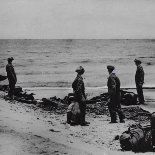 Image similar to 1940s photo, long shot, 5 soldiers looking at a huge creature washed up on a beach