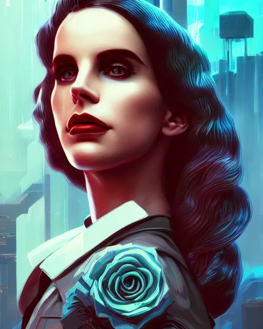 Image similar to portrait of lana del rey as a cyberpunk cyborg. sci - fi intricate abstract. intricate artwork, tear drops, roses, by tooth wu, wlop, beeple, dan mumford. concept art, octane render, trending on artstation, greg rutkowski, asymmetrical, cinematic arthouse, key art, hyper realism, iridescent accents