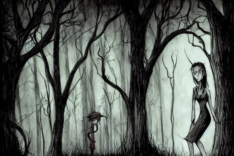 Image similar to mad girl wandering the woods artwork by ben templesmith