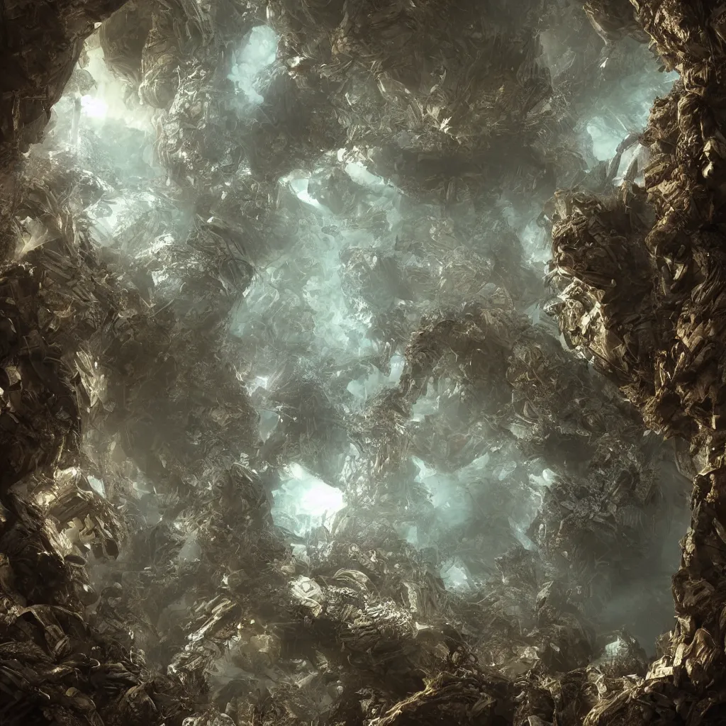 Prompt: concept art by craig mullins alien monster. mandelbulb fractal. reflection and dispersion materials. rays and dispersion of light. volumetric light. 5 0 mm, f / 3 2. noise film photo. flash photography. unreal engine 4, octane render. movie art