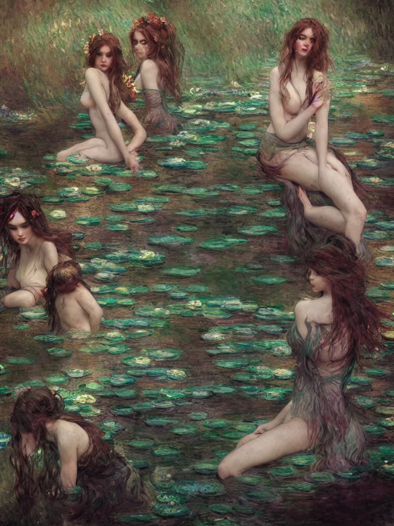 Image similar to illustration studio portrait of three dark beautiful mermaids female energy in artistic poses in the river at the forest, monet painterly motives and textures pattern, hyper detailed, octane render, vivid colors, artstation, by jeremy mann, by alphonse mucha, by monet