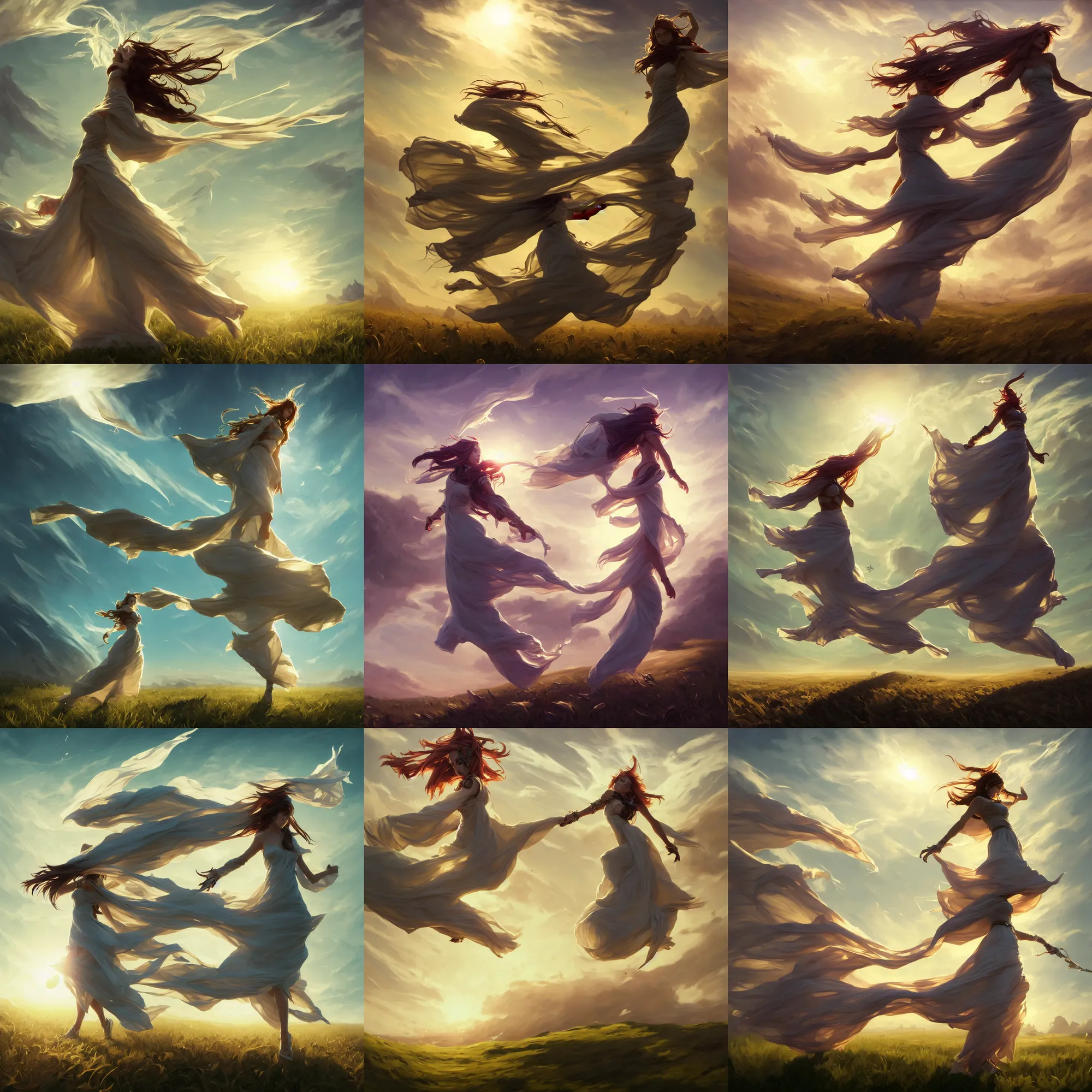 Prompt: league of legends and warframe art, single levitating girl in white maxi dresses between clouds above green fields in sunset light, big long cloth on the wind, close up portrait, elegant, intricate, digital painting, artstation, concept art, golden hour, epic composition, smooth, sharp focus, illustration, art by ed mell and Daniel F. Gerhartz and Jacek Malczewski and gustav klimt, Tibor Nagy