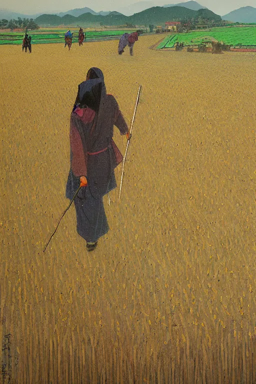 Image similar to cat farmer, walking in the wheat field, nature landscape on the background, fenghua zhong, sharp deep, oil art