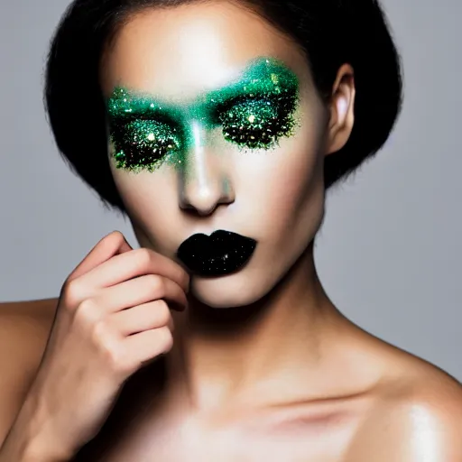 Image similar to photo of very very beautiful model with green eye shadow, glitter makeup, beauty campaign, sephora, pat mcgrath, bobbi brown, photoshoot, closeup, real life skin, sharp focus