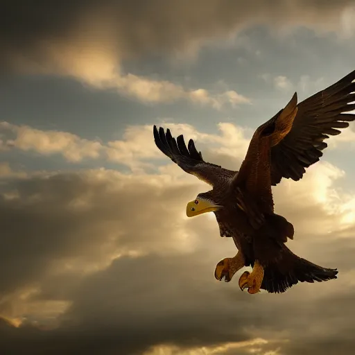 Prompt: cinematic photo of a giant eagle snatching away the oregon duck mascot with its talons, camera is looking up at the subject in the sky with fancy clouds behind