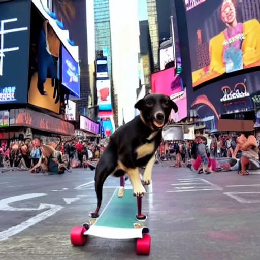 Prompt: dog riding a skateboard in times square