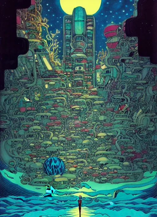 Prompt: 70s vintage anime comic book illustration by Studio Ghibli and by James Jean, giant underwater city amongst cliffs at night by Jeffery Smith by Mati Klarwein, underwater Atlantean city landscape lights up the dark sea with bold colors, a surreal magical aura surrounds this hidden city lighting up the darkness