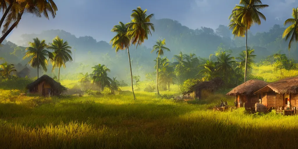 Image similar to Lively sunny landscape of a kerala village realistic detailed digital art by Maxwell Boas Jessica Rossier Christian Dimitrov Anton Fadeev trending on Artstation CGSociety rendered in Unreal Engine 4k HQ