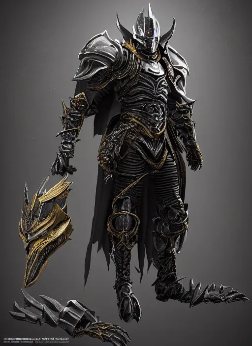 Prompt: a photorealistic 3D render of a full body dark side knight (as an archetypal DnD isekai Demon Lord) wearing armor made of gold and silver, inspired by Dark Souls and Doom Eternal and Fallout, unreal engine, octane render, cinematic lighting, a sense of evil, detailed hard surface boss character concept art, character design, hyper realism, high detail, depth of field, stunning cgsociety, HD, HDR, 4k