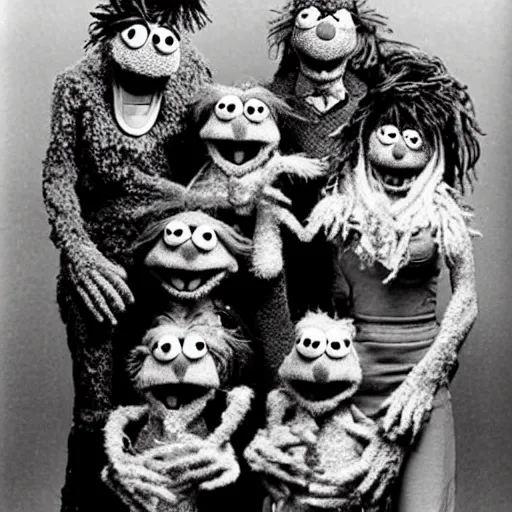 Image similar to zombie fraggle rock muppets, family photo of zombie muppets, photo from the 7 0 s