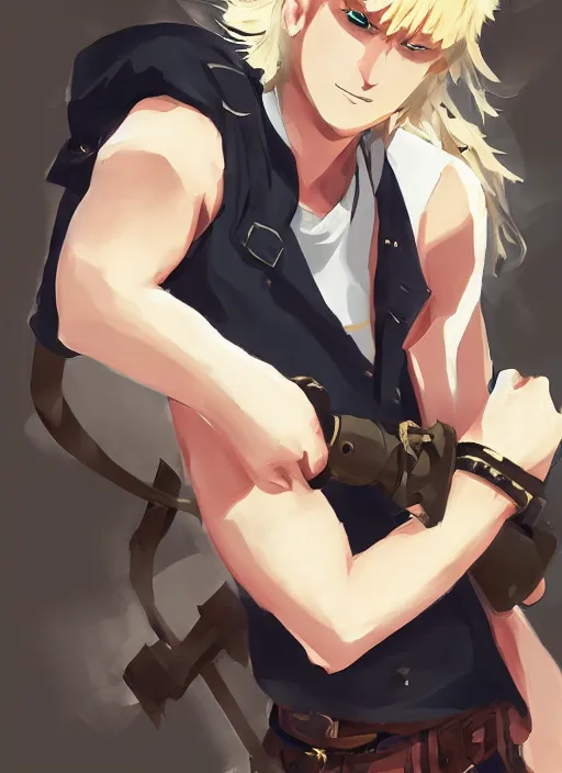 Prompt: a blonde boy thief with a metal armband in the style of krenz cushart