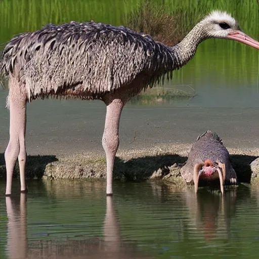 Image similar to ostrich and crocodile hybrid animal, realistic photo