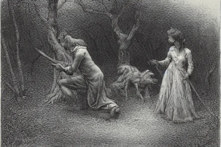 Image similar to werewolf in the garden hunting young french woman, Gustave Dore lithography
