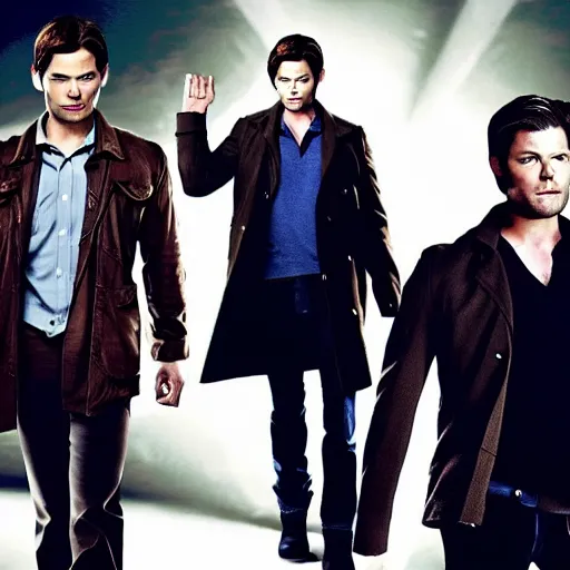 Image similar to sam winchester, dean winchester and castiel from supernatural in an epic pose with epic lighting