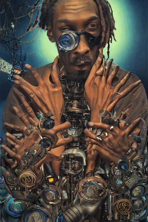 Image similar to a fisheye lens photo of a post apocalyptic tribal cyborg snoop dogg tweaking and playing synthesizers in the most complicated and technical spiral fractal musical studio, powerful, cinematic, beautifully lit, by donato giancola, by artgerm, by karol bak, 3 d, perfect face and body, trending on artstation, octane render, 8 k