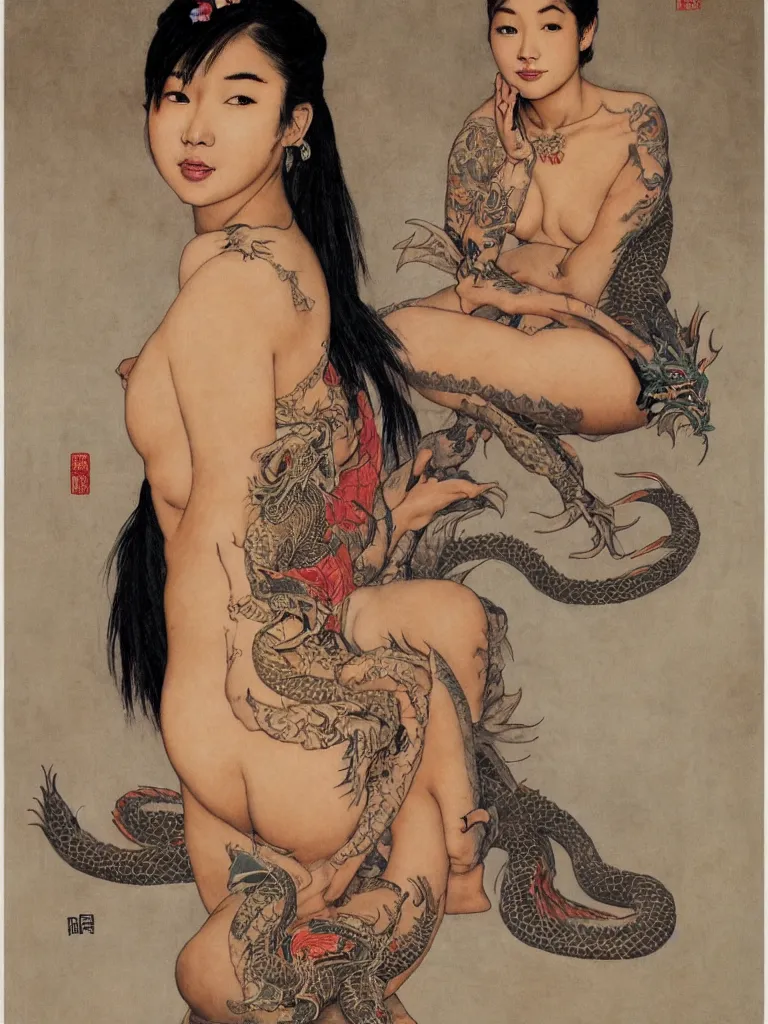 Image similar to a full figure Portrait of a beautiful asian girl with a tattoo of a dragon on her back sitting in a temple by Norman Rockwell