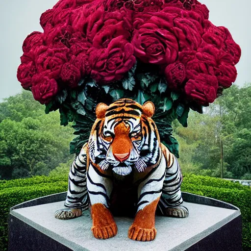 Prompt: a statue of a tiger [ made of [ roses ]!! ], [ 4 k photorealism ]!!, shot by jimmy nelson, irving penn, peter kemp, hans bellmer, and slim aarons