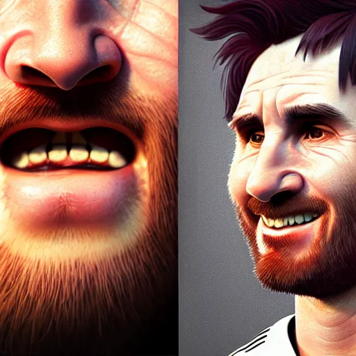 Image similar to lionel messi as happy potatoe, by ilya kuvshinov, rtx rendering, octane render 1 2 8 k, maya, extreme high intricate details by tom bagshaw, medium shot, close up shot, composition by sana takeda, lighting by greg rutkowski