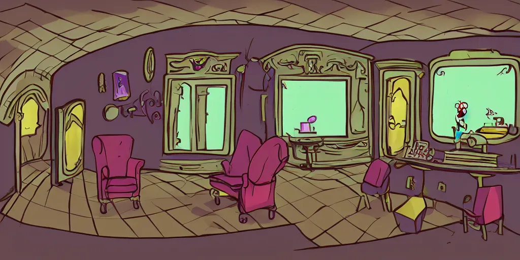 Image similar to a dimly lit, theater dressing room, with a mirror, a chair, a couch, day of the tentacle style, drawn by Peter Chan