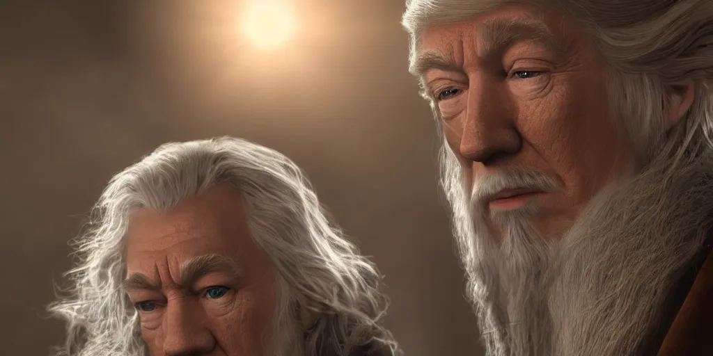 Prompt: a beautiful photo of gandalf being starred by donald trump, intricate detail, god rays, photography, volumetric light, cinematic, 8 k