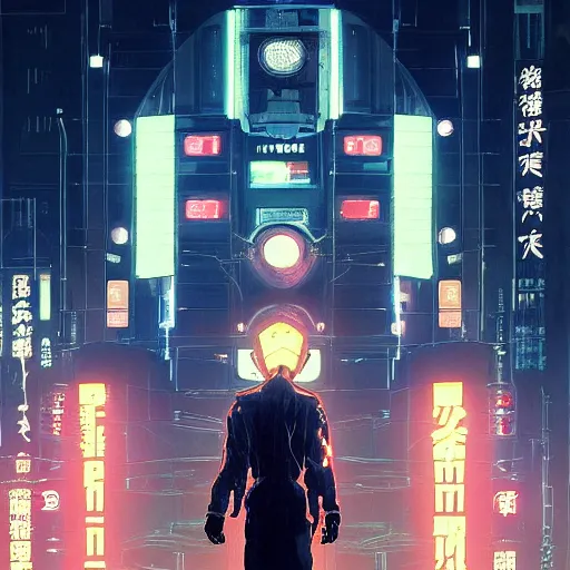 Prompt: a japanese cyberpunk robot, finely detailed features, cyborg robot parts with glowing lights!, dramatic cinematic, night, at cyberpunk city, ghost in the shell, akira, noir, painted by greg rutkowski makoto shinkai takashi takeuchi craig mullins, alphonse mucha, studio ghibli, pixiv