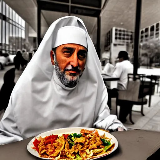 Image similar to Sultan Süleyman eating shawarma in Downtown DC, hyperrealism, HDR Shot, 16k
