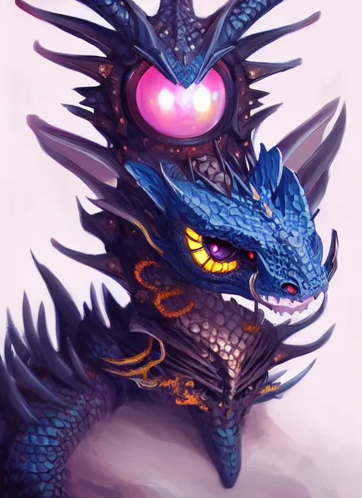 Image similar to cute dragon cute dragon, black, white, blue, pink and gold color scheme, flowers, cool, highly detailed, artgerm, cushart krenz, artstation, soft light, sharp focus, illustration, character design, concept art