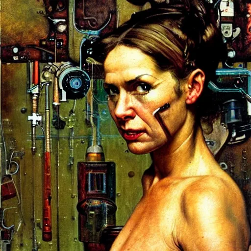 Image similar to Frontal portrait of a biopunk woman. A painting by Norman Rockwell.