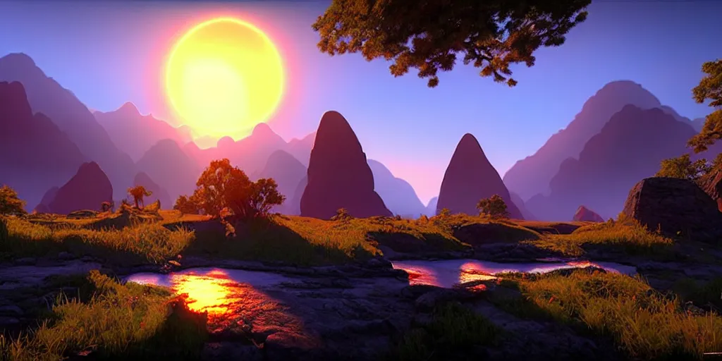 Image similar to a beautiful landscape, sun rises between two mountains, fantasy artwork by john stephans unreal engine 5, extremely detailed, hyper realism