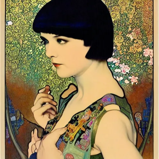 Image similar to louise brooks wearing an elaborate chinese cloud headdress beautiful detailed romantic art nouveau lithograph face portrait by alphonse mucha and gustav klimt, hauntingly beautiful refined moody dreamscape