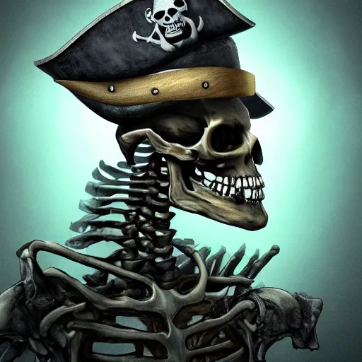 Prompt: a pirate skeleton with a pirate hat sitting in front of a laptop programming, dark room, light coming from crt monitor, highly detailed, intricate, digital art, trending on artstation, trending on cgsociety