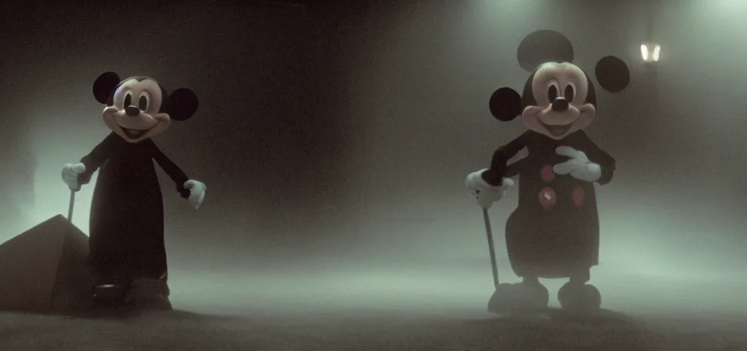 Image similar to prince of darkness as mickey mouse waking from his coffin, foggy, cinematic shot, photo still from movie by denis villeneuve, wayne barlowe