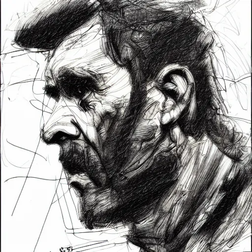 Prompt: a realistic yet scraggly portrait sketch of the side profile of a stern and sophisticated the g - man, trending on artstation, intricate details, in the style of frank auerbach, in the style of sergio aragones, in the style of martin ansin, in the style of david aja, in the style of mattias adolfsson