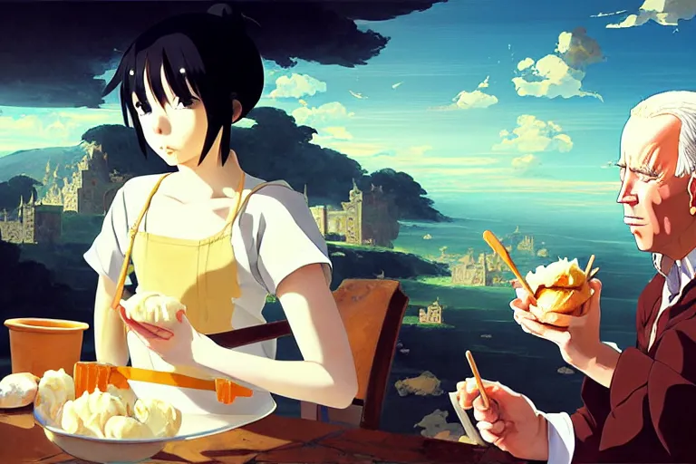 Image similar to baroque oil painting of anime key visual environment concept art of anime girl as joe biden, eating ice cream, brutalist, dark fantasy, rule of thirds, fake hidden detail, trending on pixiv fanbox, acrylic palette knife and brush, style of makoto shinkai studio ghibli genshin impact jamie wyeth james gilleard greg rutkowski