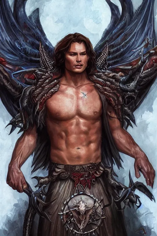 Image similar to front portrait of attractive sam winchester as a belcebu with demon wings wide open, clothes torn apart, muscular chest tattooed with runes and symbols, d & d!, fantasy style, sharp focus!, ultra detailed, art by artgerm and peter andrew jones, wlop