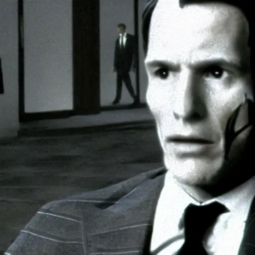 Prompt: film still, Oswald Spengler in American Psycho suits