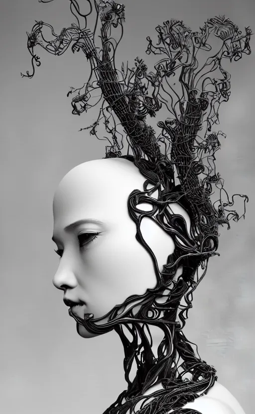 Image similar to black and white complex 3d render of 1 beautiful profile woman porcelain face, vegetal dragon cyborg, 150 mm, sinuous silver metallic ghost orchid flower stems, roots, leaves, fine lace, maze-like, mandelbot fractal, anatomical, facial muscles, cable wires, microchip, elegant, highly detailed, black metalic armour with silver details, rim light, octane render, H.R. Giger style, David Uzochukwu