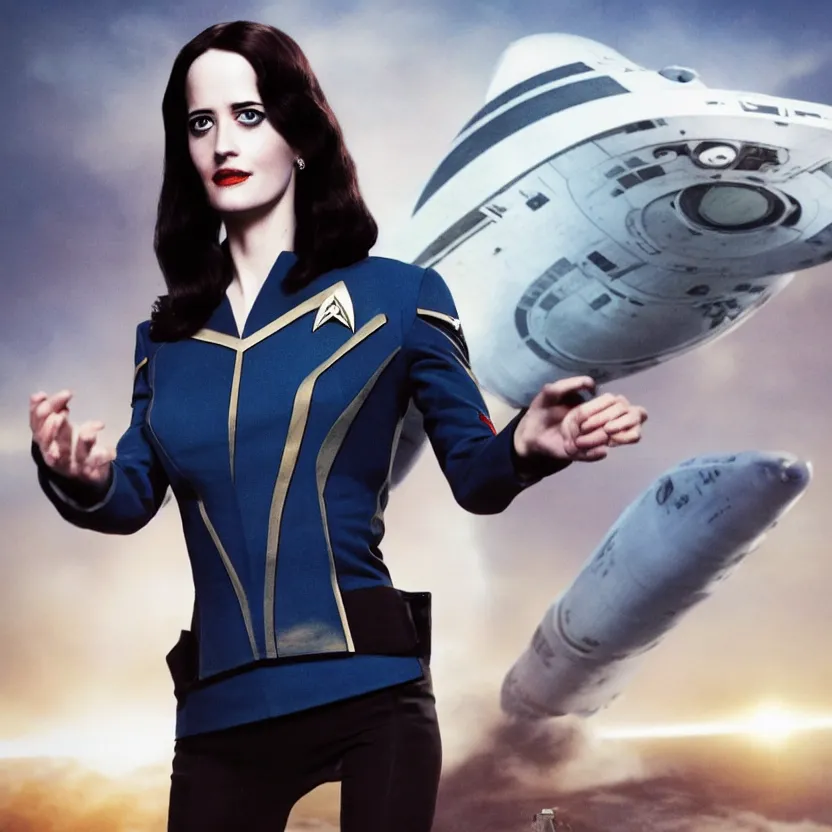 Image similar to a full body photograph of 3 0 year old eva green as a star fleet officer from star trek next generation, ultra rendered, extreme realism and detail, 8 k, highly detailed, realistic, completely framed, hyper realistic, colorful, direct lighting, 3 5 mm photo, photorealistic, sharp focus