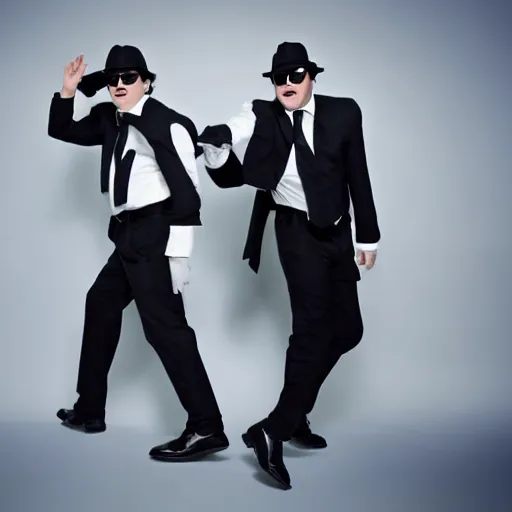 Image similar to blues brothers walking towards camera with white background. wearing suits. strong shadows. high contrast. serious look. carrying a pistol