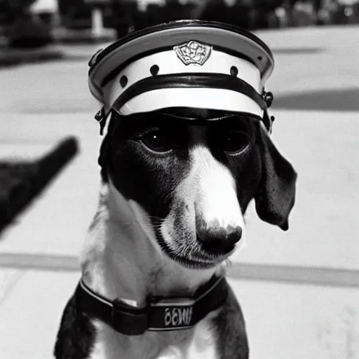 Image similar to A photo of a dog wearing a security guard\'s uniform and cap, 1990