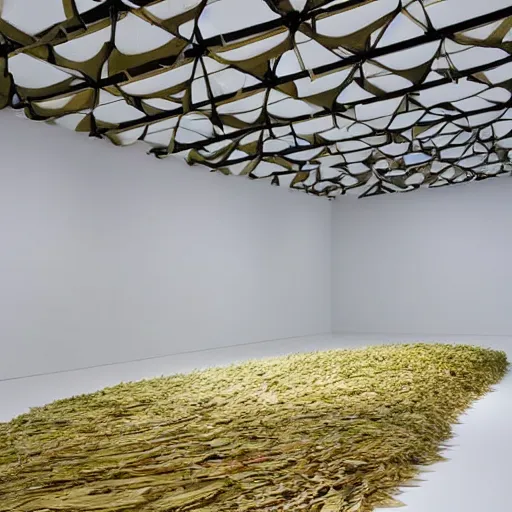 Prompt: A screenshot of sculpture made of banana leaves in a white exhibition space, by donald judd