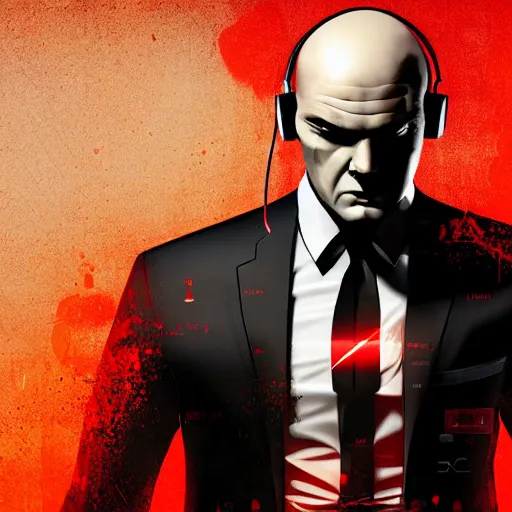 Image similar to agent 4 7 from hitman wearing headphones and listening to music in front of large stereo speakers surrounded by cables, black background, red rim light, highly detailed, smooth, sharp focus, art by ali kiani amin