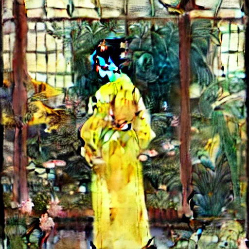 Image similar to photograph of a young woman wearing a yellow kimono in a tropical greenhouse, by Carl Larsson, by james gurney, by john william waterhouse, by John Singer Sargent, Extremely detailed, 8K, 85 mm lens