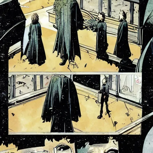 Prompt: in one frame Harry Potter talking to the Sandman in The Sandman comic, by Neil Gaiman, by Dave McKean, comics Sandman, small details, whole-length, clear faces, high detail