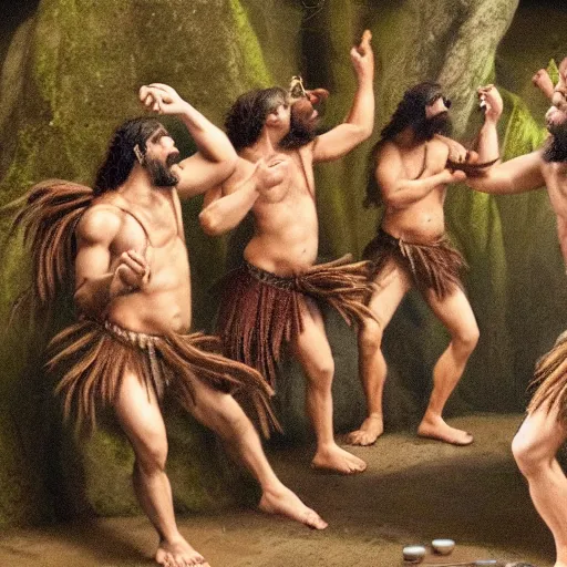 Image similar to photo of ancient cavemen dancing around a single beer can, high detail, ultra realistic, 4k UHD, pristine