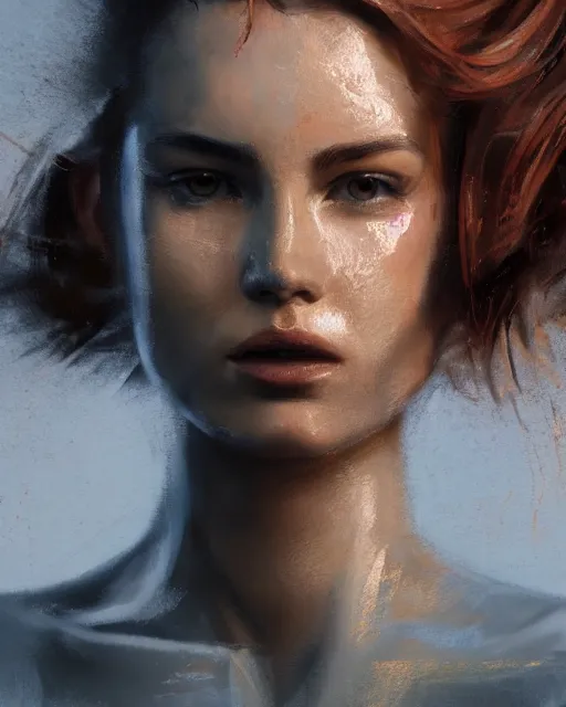 Image similar to detailed masterpiece head and shoulders painting of gorgeous athletic female wearing fbi gear auburn hair flowing, gym in background, inspired by greg rutkowski, sir james guthrie, 4 k, digital painting, trending on artstation, smooth, one single continuous line, unreal engine, epic lighting