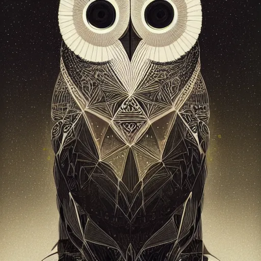 Image similar to portrait of a geometric owl, identical eyes, medium shot, illustration, full body made of white feathers, symmetrical, art stand, super detailed, cinematic lighting, and its detailed and intricate, gorgeous, by peter mohrbacher