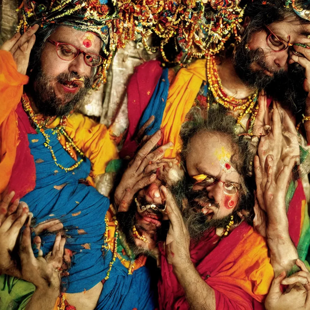 Image similar to award winning photo of a todd solondz as guru becoming god in india, sad and happy, crying and smiling franticly, vivid colors, happy, symmetrical face, beautiful eyes, studio lighting, wide shot art by sally mann & arnold newman