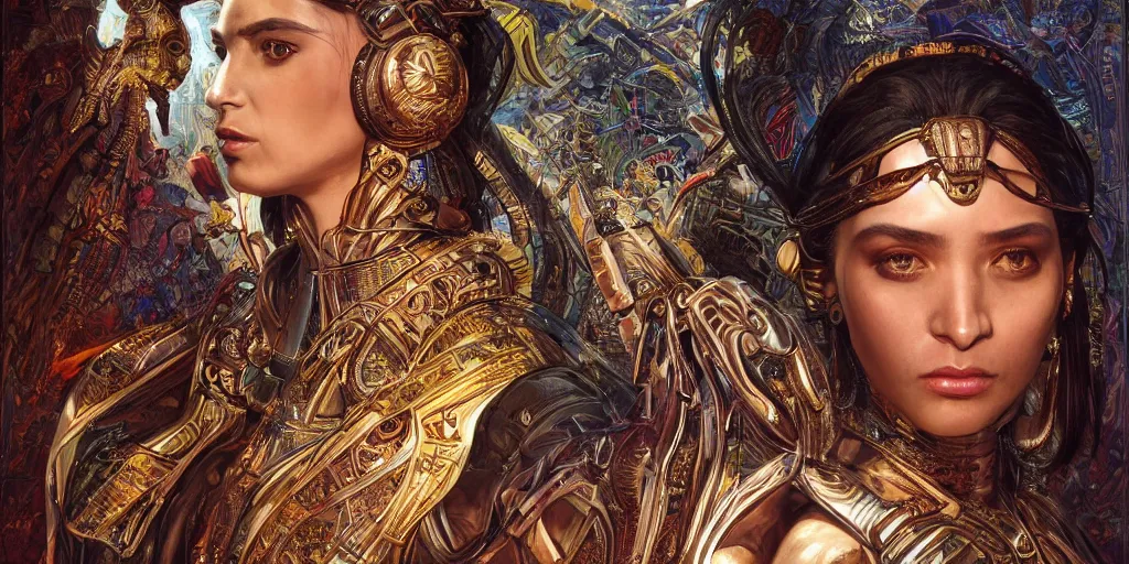 Image similar to HDR portrait photography mirror of The Utopian Benevolent Cyborg Queen and The Underworld Evil Cyborg King, Coherent portraits, ethnic fantasy, intricate, elegant, highly detailed, African, Egyptian, digital painting, trending on ArtStation, HDR photo, smooth, sharp focus, illustration, art by artgerm and greg rutkowski and alphonse mucha